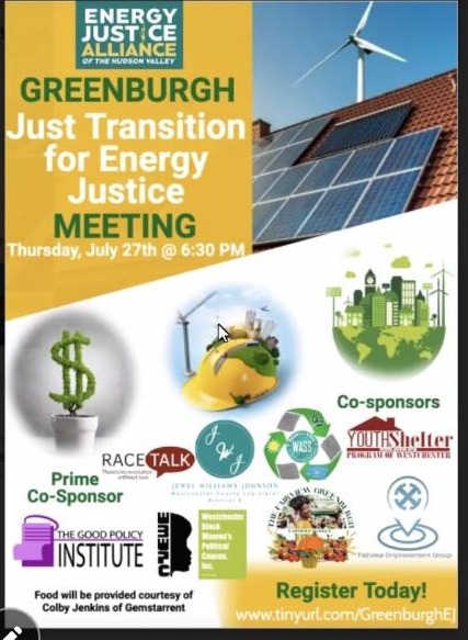Flyer for the Greenburgh Just Transition for Energy Justice Meeting